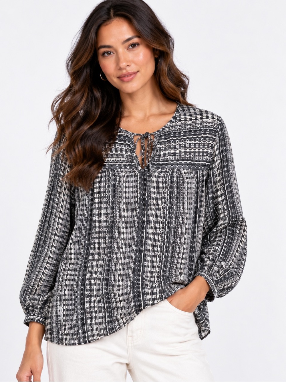 Philosophy Black and White Striped Pattern Peasant Top